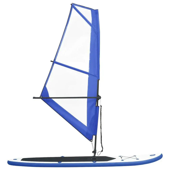 Inflatable blue SUP board with upright sail, black deck pad, and white trim on white background