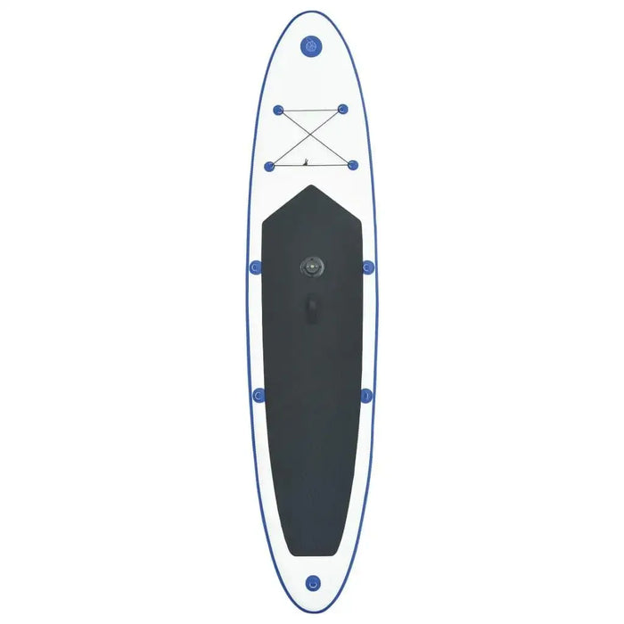 Inflatable blue SUP board with black deck and bungee cords, viewed from above