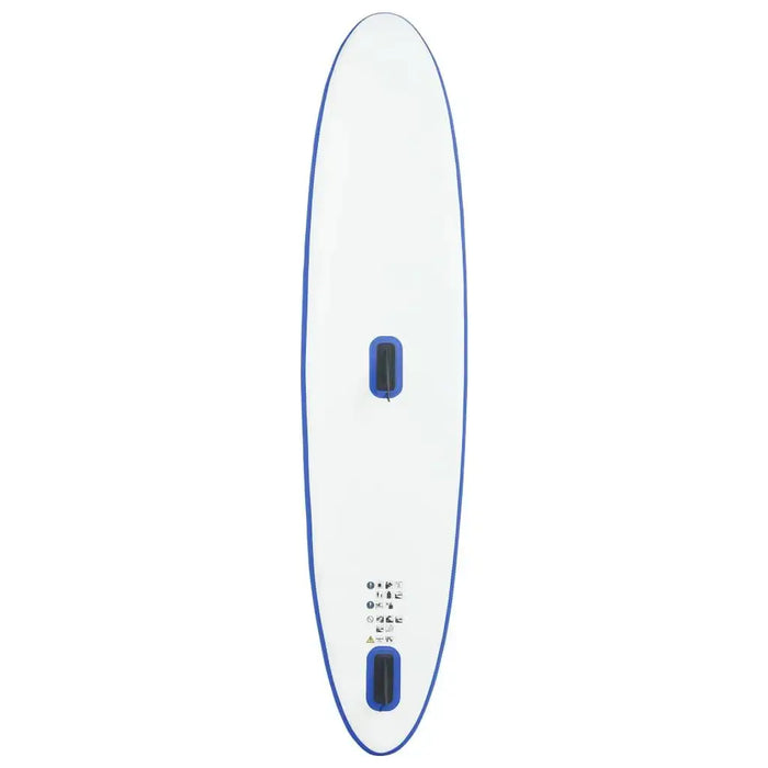Inflatable blue stand up paddle board with white deck and two black fin boxes