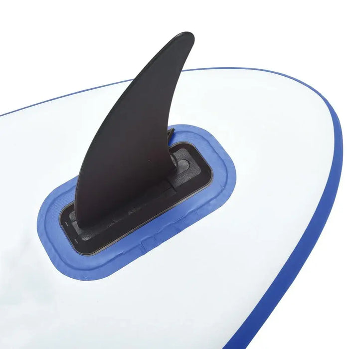 Close-up of inflatable blue SUP board tail with black detachable fin