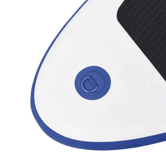 Close-up of inflatable blue SUP board corner with white deck and attachment ring