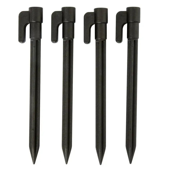 Set of four black plastic stakes with hooks, shown on a white background.