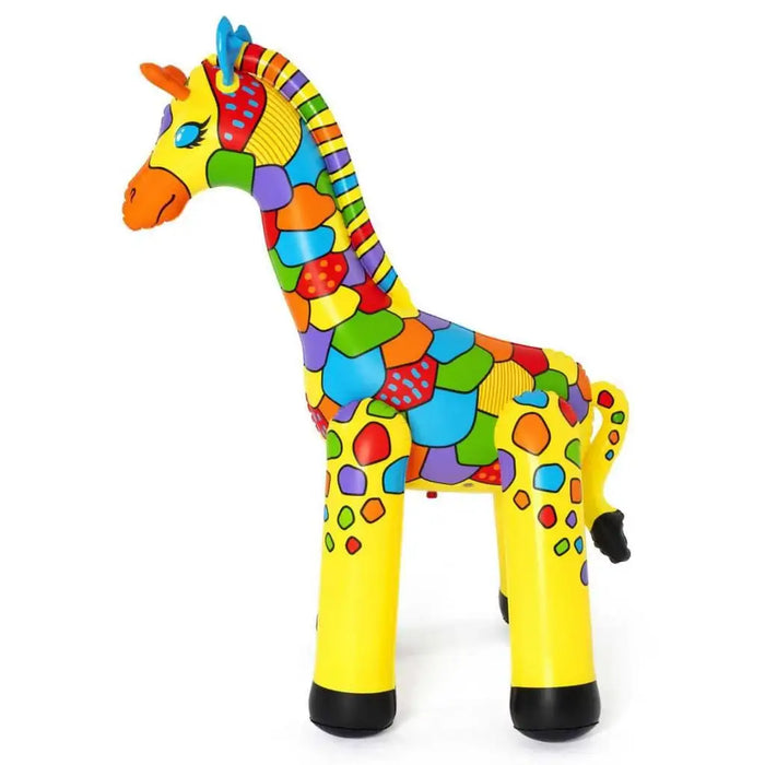 Colorful jumbo inflatable giraffe sprinkler water toy with multicolor spots on white background