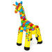 Colorful jumbo inflatable giraffe water sprinkler toy with safari pattern on white background