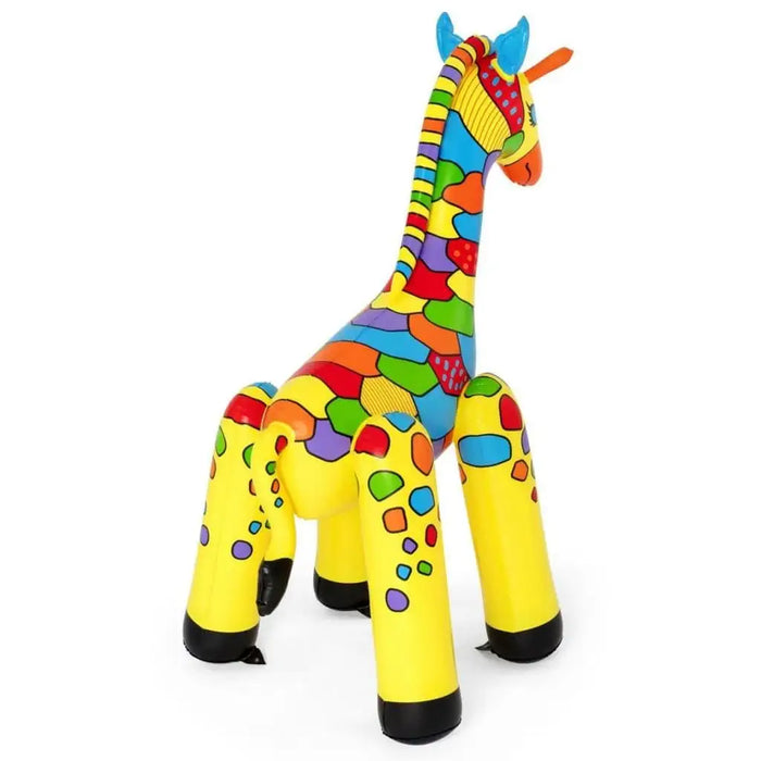 jumbo inflatable giraffe sprinkler safari water toy with colorful patterns on white background