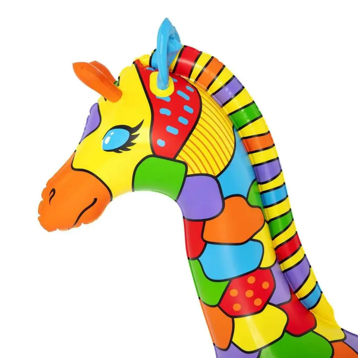 Colorful inflatable giraffe sprinkler water toy with safari-themed design for kids