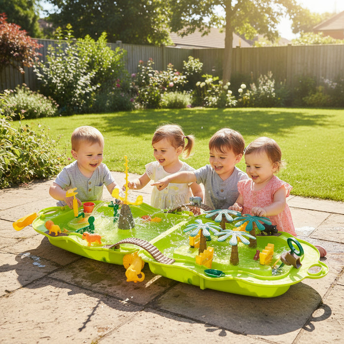Four children playing with jungle adventure water play table sensory set outdoors