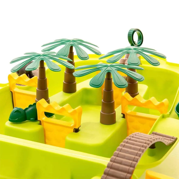 Jungle adventure water play table with palm trees, bridge, and yellow-green outdoor toy set
