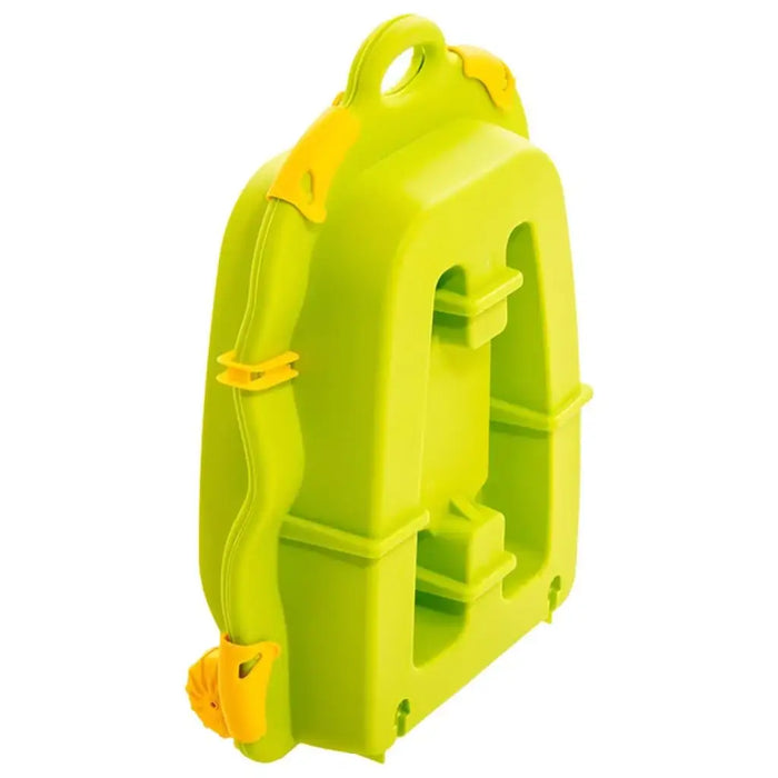 Green plastic jungle adventure water play table folded with yellow handles, outdoor toy
