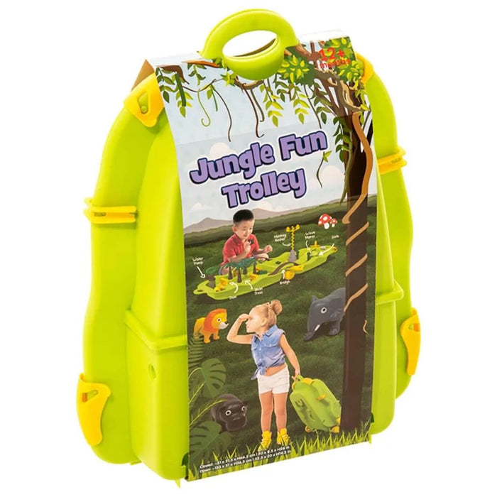 Bright green Jungle Fun Trolley play set for kids with jungle-themed case and toy animal illustrations
