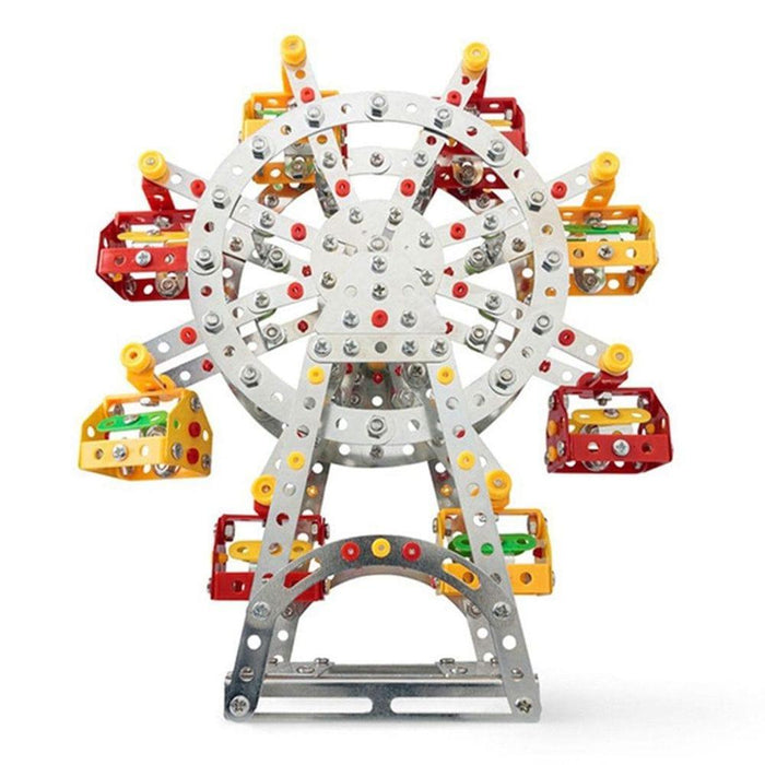 STEM Ferris wheel metal construction kit with colorful red and yellow parts on white background