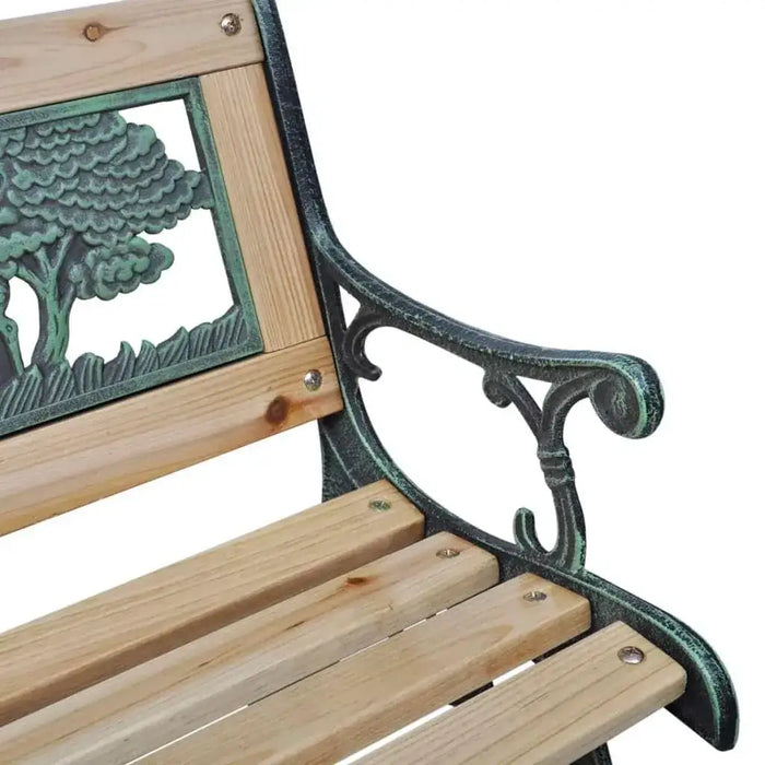 Kids decorative wooden garden bench with bronze frame and tree pattern panel