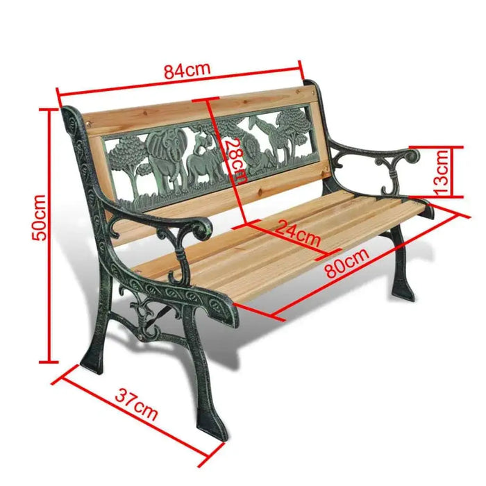 Kids wooden garden bench with bronze metal arms, animal pattern backrest, and red measurements.