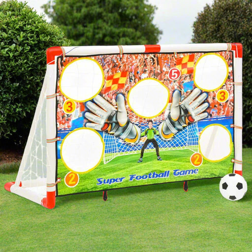 Kids football goal set with red and white frame, target sheet, and soccer ball on grass.