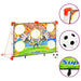 Kids football goal set with target holes, soccer ball, pump, and red and white frame.