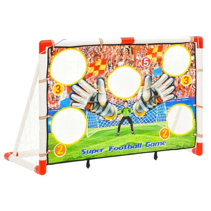 Kids football goal set with target, red and white frame, Super Football Game banner