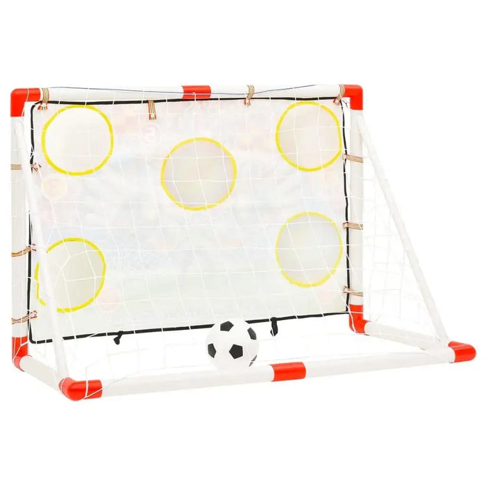 Kids football goal set with red and white frame, target sheet, and soccer ball