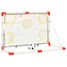 Kids football goal set with red and white frame, target sheet, and soccer ball