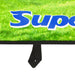 Close-up of kids football goal set banner on green grass with blue and white text.