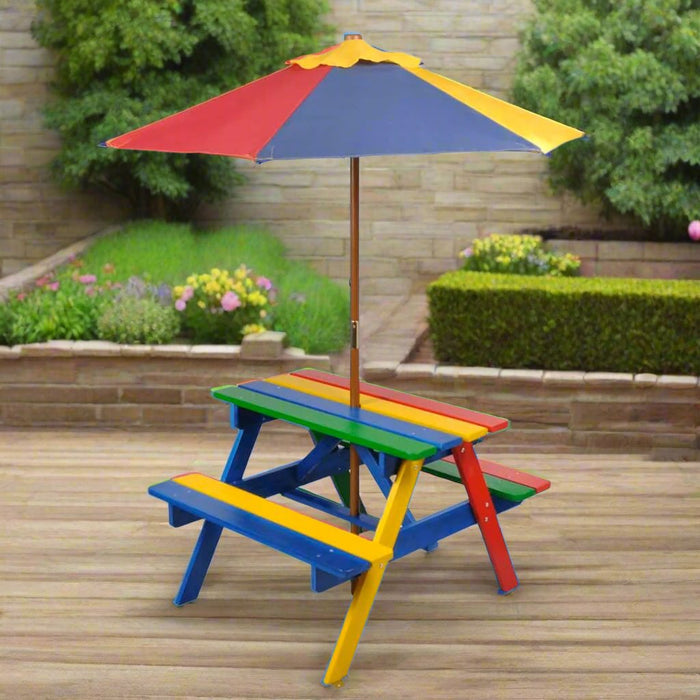 Kids' Multi-Colour Picnic Table with Benches and Parasol - Little and Giant Explorers vidaXL