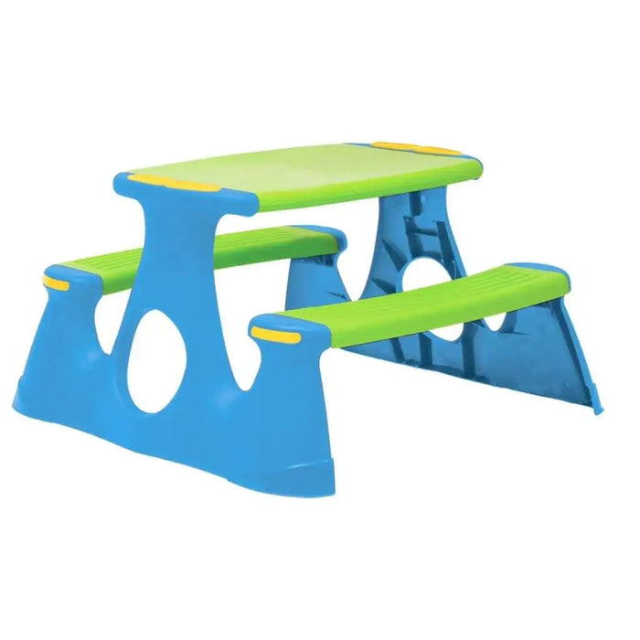 Kids blue and green plastic picnic bench with integrated UV-resistant design
