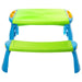 Kids picnic bench with blue legs and green top, integrated plastic design