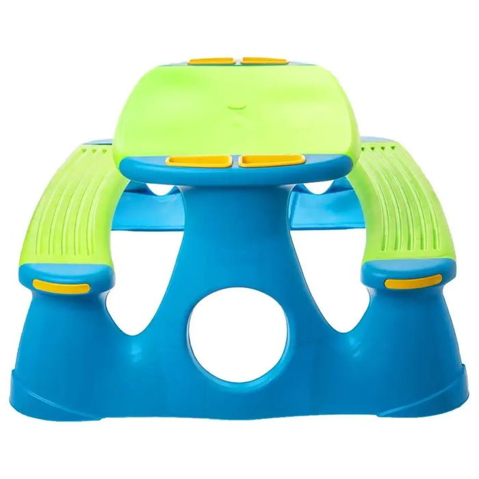 Blue and green kids picnic bench with integrated plastic design and UV-resistant finish