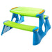 Blue and green kids picnic bench with integrated table, plastic and UV-resistant design
