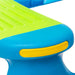 Close-up of blue, green, and yellow UV-resistant kids picnic bench corner
