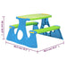 Blue and green kids picnic bench with integrated design, UV-resistant, and size measurements.