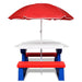 Kids picnic table with red and blue benches, white tabletop, and a large red umbrella