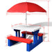 Kids picnic table with benches and red umbrella, blue and white plastic, size dimensions shown