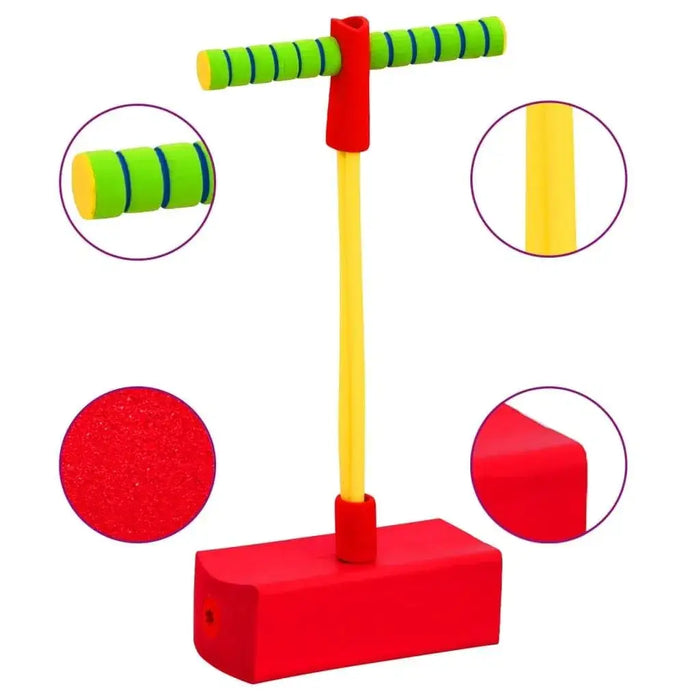 Kids pogo stick jumper with soft red cushion base, yellow handle, and green grips