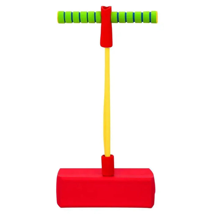 Kids pogo stick jumper with soft red cushion base and green striped handle on white background.