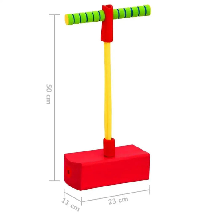 Kids pogo stick jumper with soft red cushion base, yellow stem, green striped handle, size 50x23x11 cm