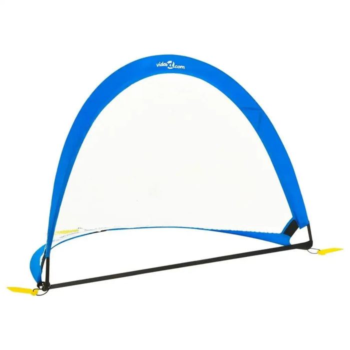 Blue pop-up kids football goal with steel and fiberglass frame on white background