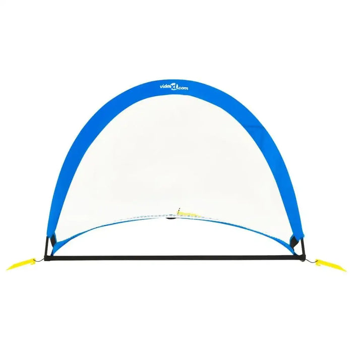 Pop-up kids football goal with blue trim and foldable steel and fibreglass frame on white background.