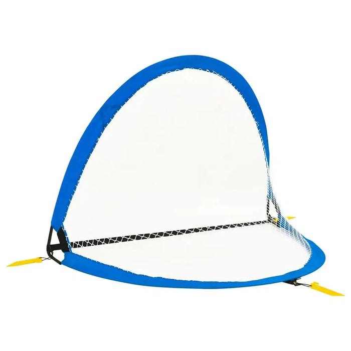 Kids pop-up football goal with blue trim, foldable steel and fiberglass frame, ground stakes
