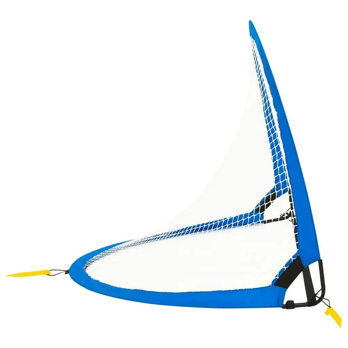 Foldable blue kids pop-up football goal with steel and fibreglass frame on white background.