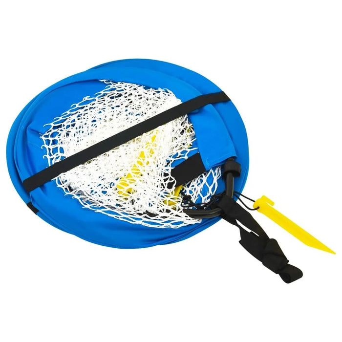 Folded blue kids pop-up football goal with white net and yellow ground stakes