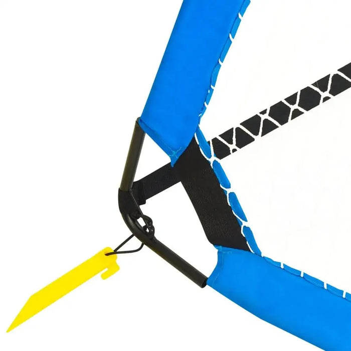 Close-up of kids pop-up football goal with blue frame, black net, and yellow ground peg