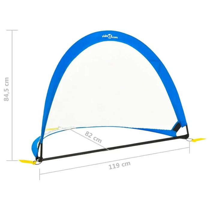 Pop-up kids football goal, blue frame, mesh net, foldable, 119x84.5 cm, dimension lines shown