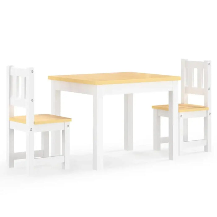 Kids wooden table and chair set, white frame with beige tabletop and seats, 3-piece furniture.