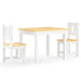 Kids wooden table and chair set, white frame with beige tabletop and seats, 3-piece furniture.