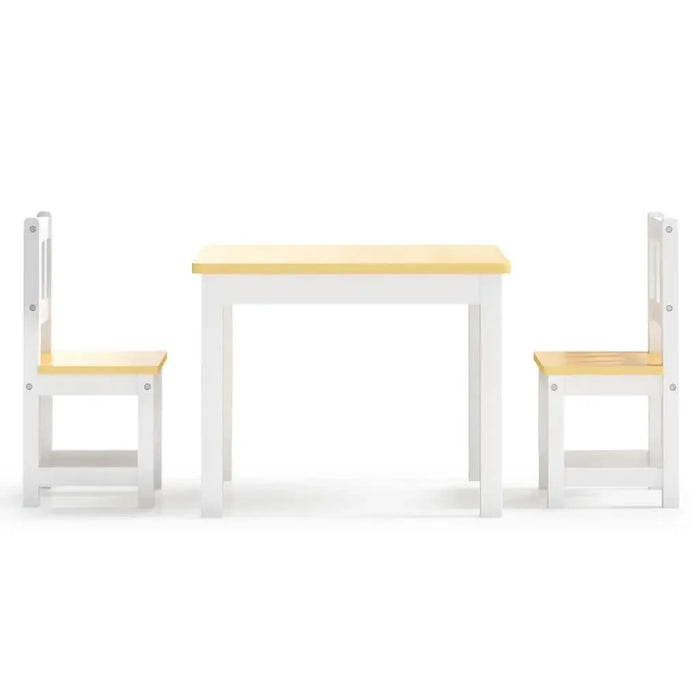 Kids white and beige wooden table and chair set, 3-piece children's furniture on white background