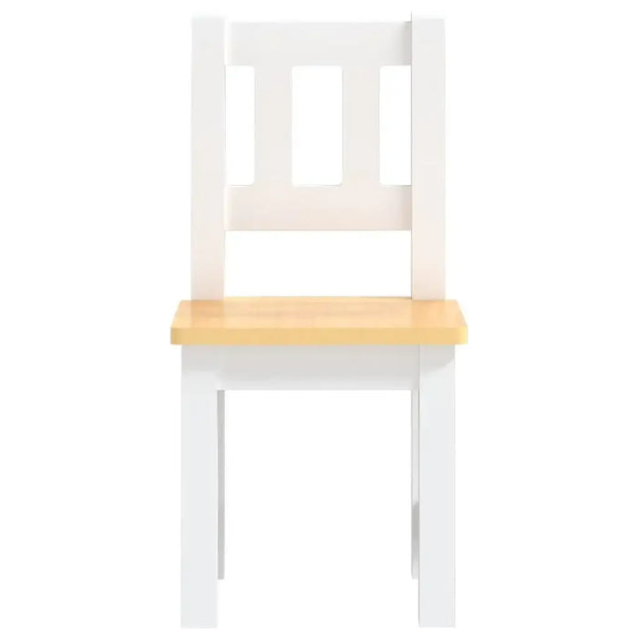 Kids wooden chair with white frame and beige seat, modern design.