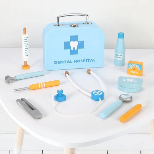 Wooden kids dental hospital role play set with blue carry case, toy tools, and dental kit.