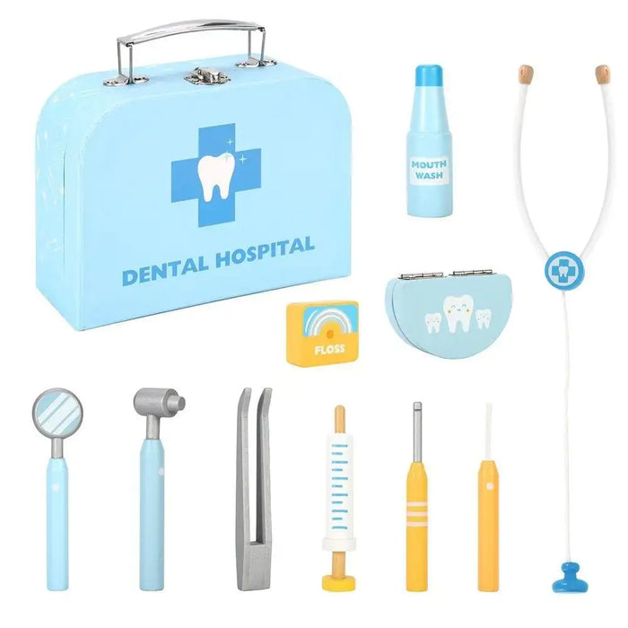 Kids wooden dentist role play kit with blue dental hospital carry case, toy tools, floss, and mouth wash