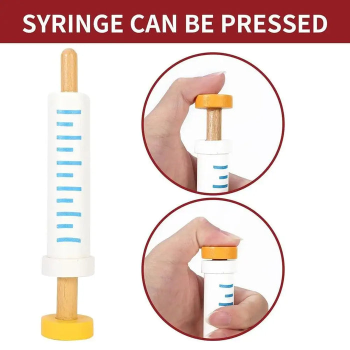 Wooden syringe toy for kids dental hospital playset shown being pressed by hand