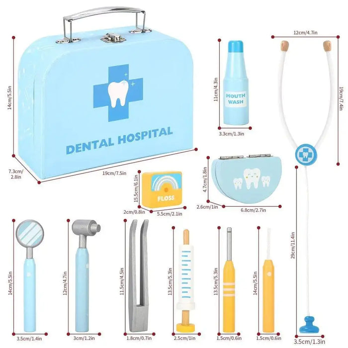 Kids wooden dental hospital play set with blue carry case and dentist role play tools